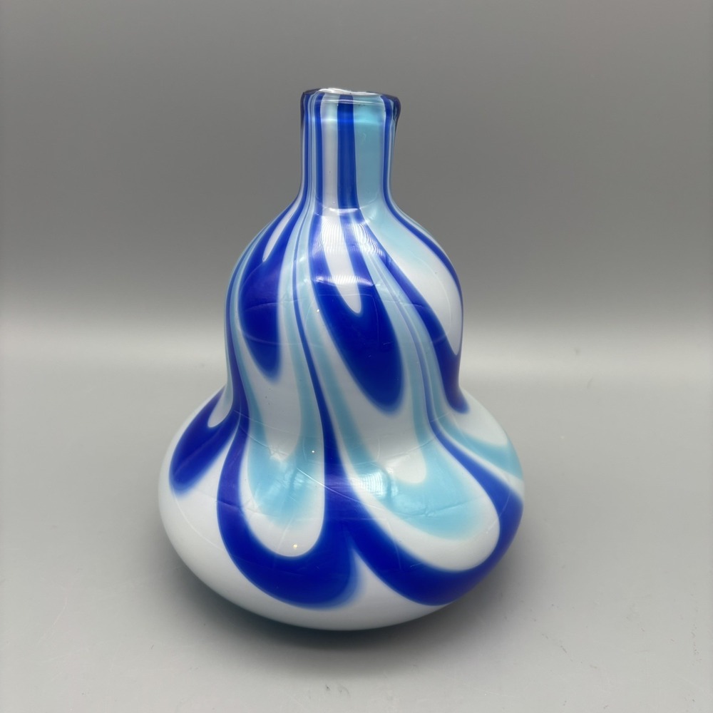 Art Glass Vase Blue White Swirl 6.5" Heavy Thick Quality Cased Handblown BudBulb